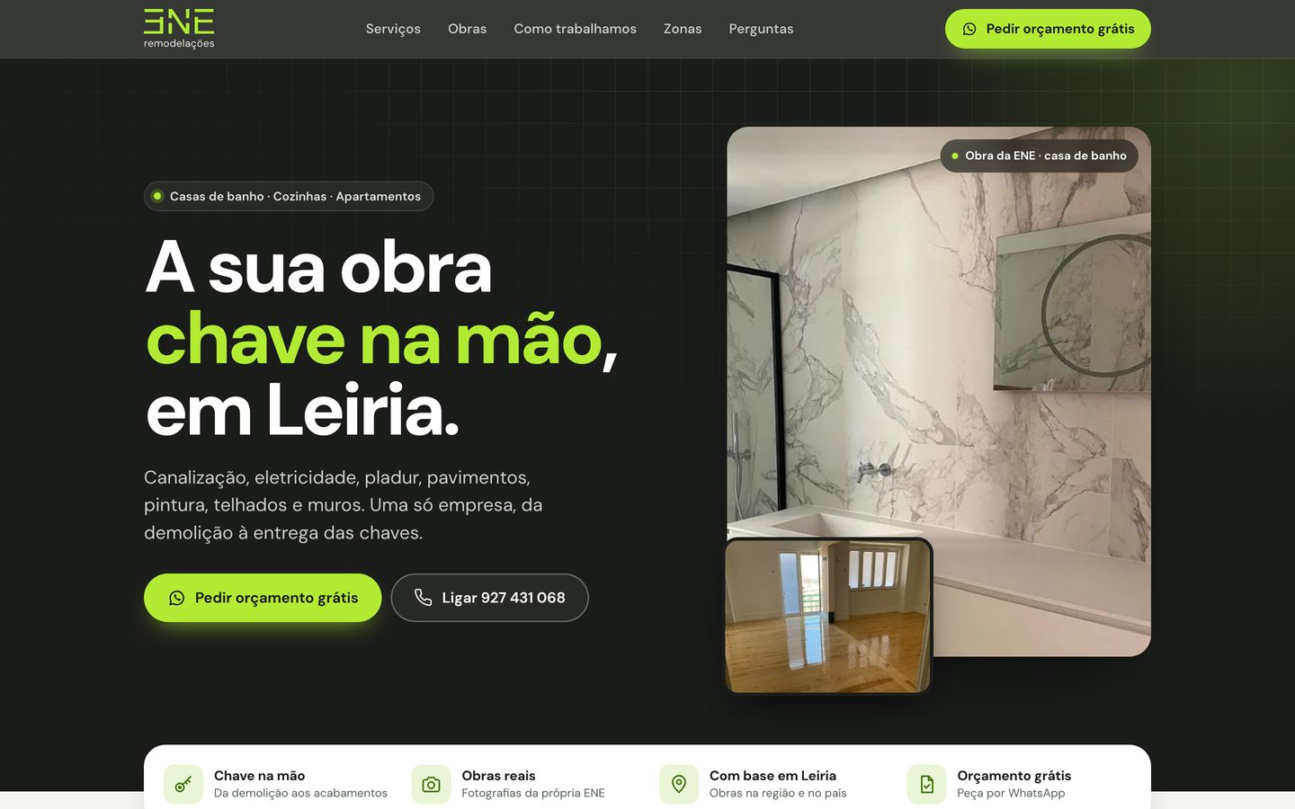 Página inicial do site da ENE Remodelações